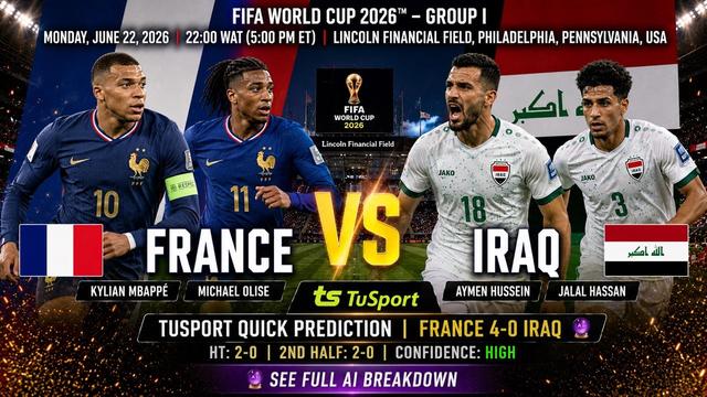 France vs Iraq Prediction: TuSport AI Tips, Score Forecast & FIFA World Cup 2026 Analysis